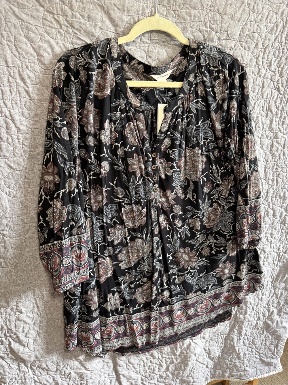 Lucky Brand Black Floral Henley Tunic with Border Print